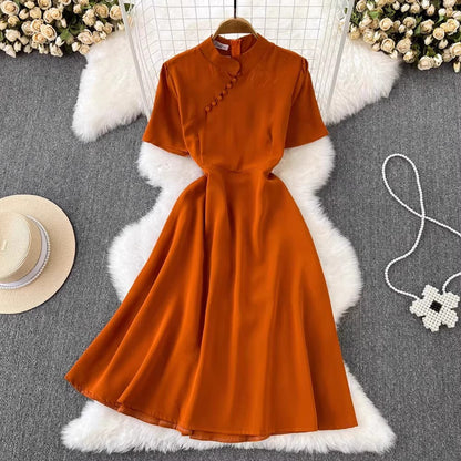 short-sleeved A-line dress elegant long skirt       S5043