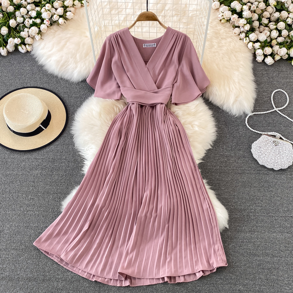 V-neck Short-sleeved Dress Over The Knee Lace-up Pleated Long Dress      S4465