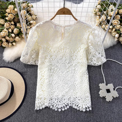 Bubble Short-Sleeved Round Neck Women__ Lace Top       S3991
