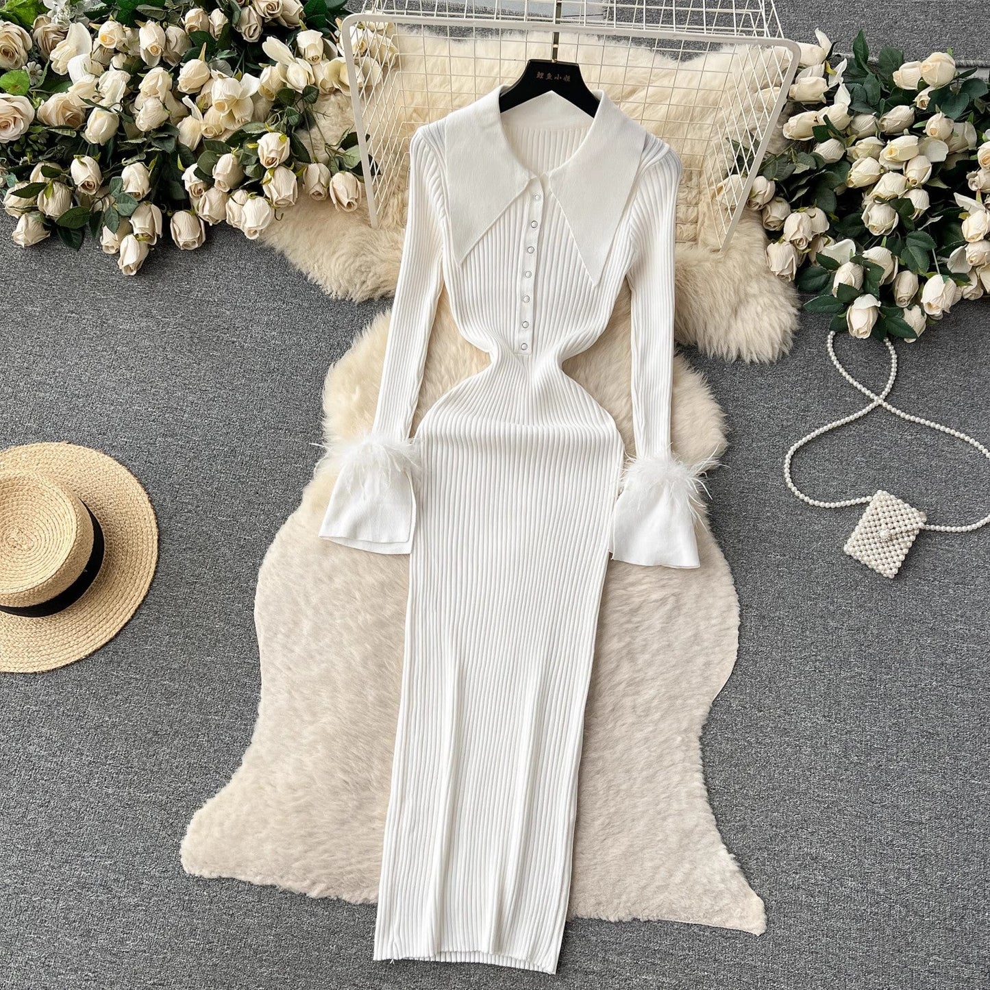 knitted dress for women lapel feather tight design skirt    S4539