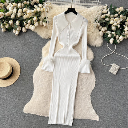 knitted dress for women lapel feather tight design skirt    S4539