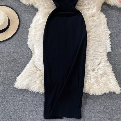 new gray round neck short-sleeved dress slit long skirt     S4253
