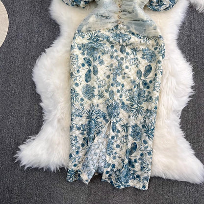 puff-sleeved V-neck mid-length slit printed dress    S4109