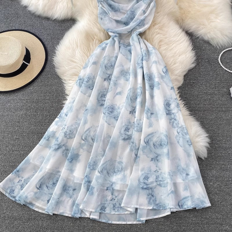 floral suspender skirt long skirt chiffon dress     S4134