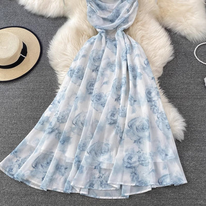floral suspender skirt long skirt chiffon dress     S4134