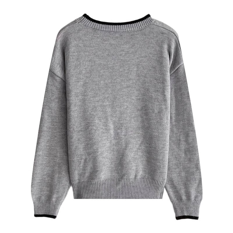 cartoon embroidered jacquard sweater fashion casual knitted top     S4756