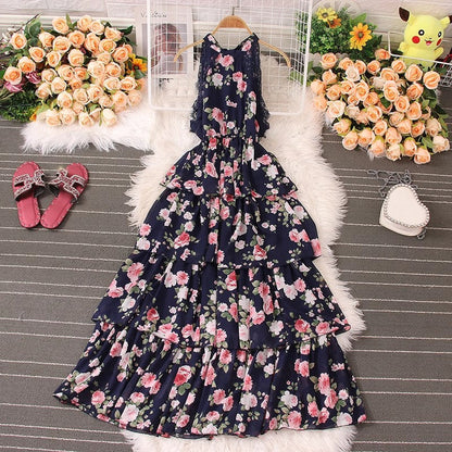 Seaside vacation beach dress, bohemian long skirt, summer new sleeveless lace floral cake skirt     S5042
