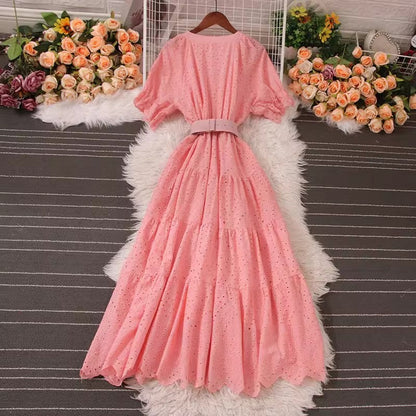 V-neck Puff Sleeve Dress Summer New Style Fashionable Long Skirt    S5040