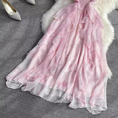 Floral Suspender Dress Women's A-Line Ruffled Long Skirt     S4136