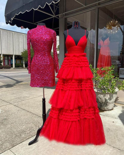 V Neck Layers Tulle Long Ball Gown A Line Spaghetti Strap Evening Dresses