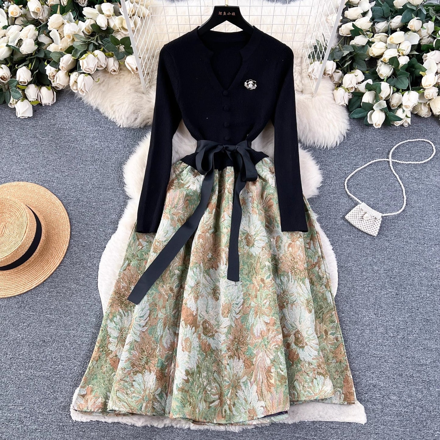 knitted splicing jacquard dress for women      S4544