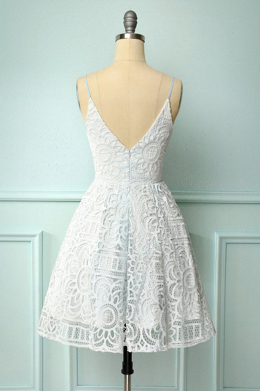 White Lace A-line Short Dress Mini Length Prom Dresses     S3190
