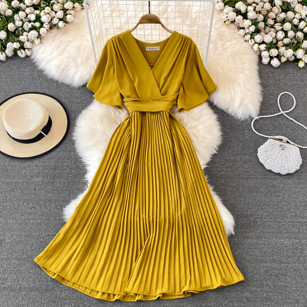 V-neck Short-sleeved Dress Over The Knee Lace-up Pleated Long Dress      S4465