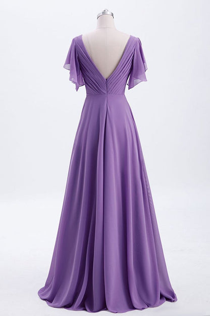 Flutter Sleeves Lavender Chiffon A-line Long Bridesmaid Dress      S3493