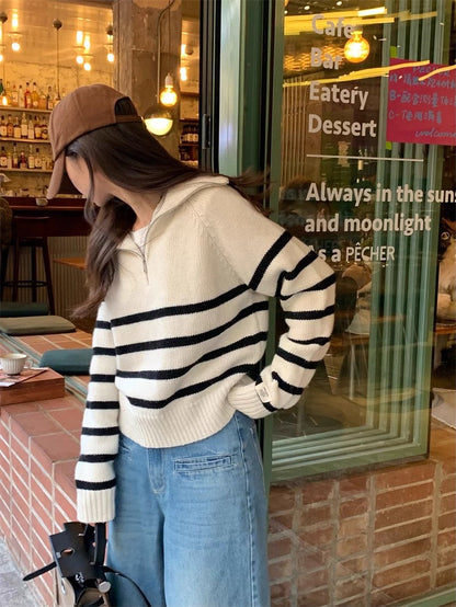Simple POLO collar striped sweater    S4789