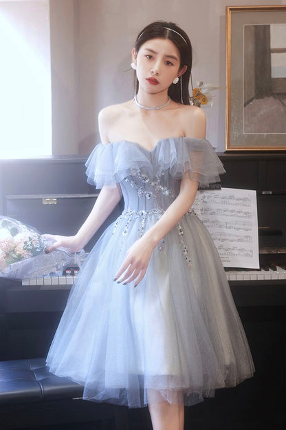 Gray tulle beads short prom dress party dress      fg3825