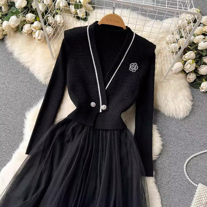 women's knitted mesh dress + short V-neck vest two-piece trendy set    S4502