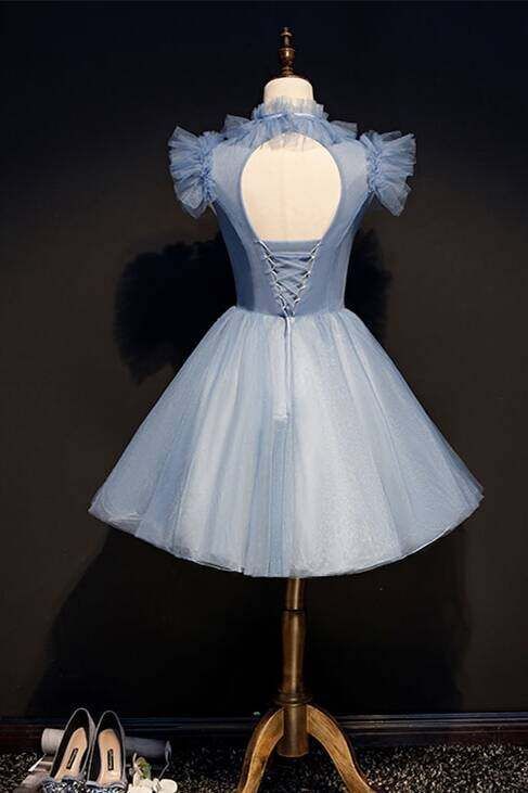 High Neck Short Blue Tulle and Lace Appliques Party Dress        S3289