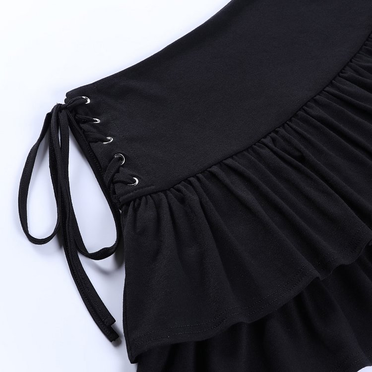 Lace Up High Waist Ruffled Skirt Black      S2816