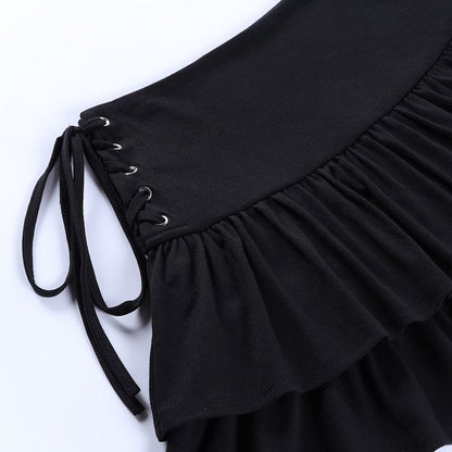 Lace Up High Waist Ruffled Skirt Black      S2816