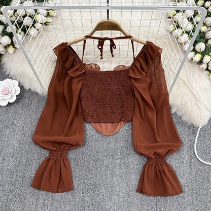 off-shoulder halterneck bell-sleeved shirt for women, fashionabl irregular short top    S4131