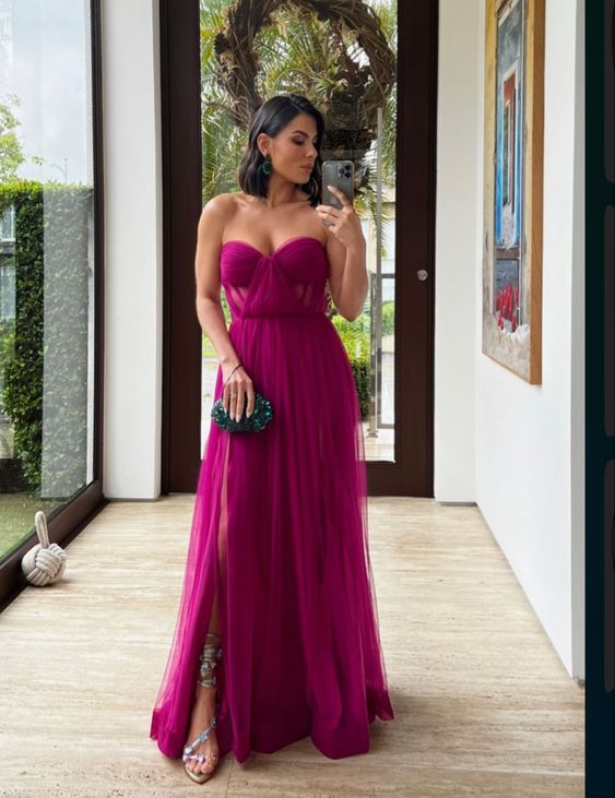 Strapless Prom Dress A Line Tulle Sweetheart Formal Evening Gowns With Slit
