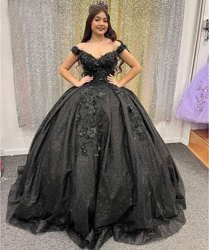 Shiny Black Quinceanera Off Shoulder Dress Sweet 15 16 Party Ball Gown Prom Dress