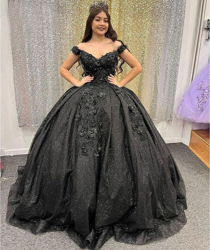 Shiny Black Quinceanera Off Shoulder Dress Sweet 15 16 Party Ball Gown Prom Dress