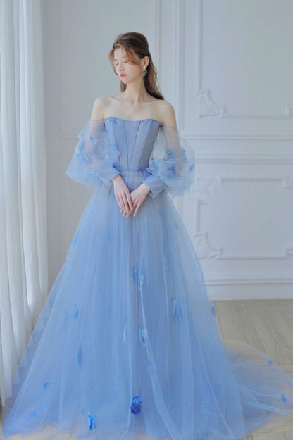 Blue Tulle Long Sleeve Prom Dress, A-Line Off the Shoulder Evening Dress      S3873