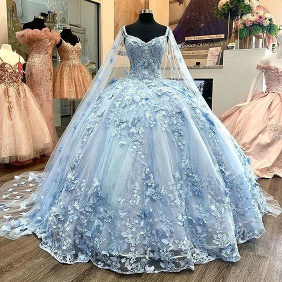 Blue A Line Tulle Ball Gown Prom Dresses Evening Gowns