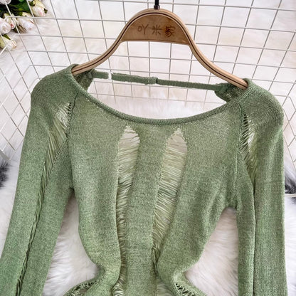 Sexy Round Neck Backless Long Sleeve Knitted Sweater Tops for Women      S4330