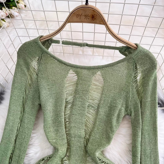 Sexy Round Neck Backless Long Sleeve Knitted Sweater Tops for Women      S4330