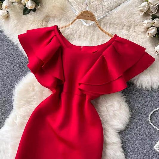 off-shoulder ruffle dress women's design dress    S4497
