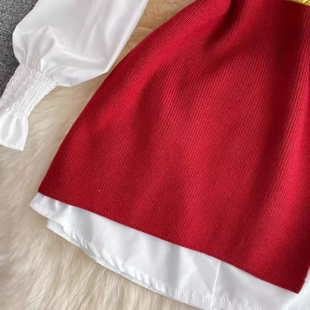lantern sleeve white shirt sweater two-piece set    S3978
