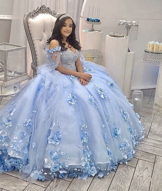 Light Blue Quinceanera Dress Off Shoulder 3D Flowers Beads Puffy Party Princess Sweet 16 Gown Light Blue Ball Gown