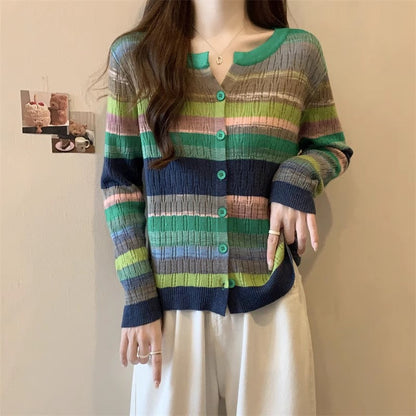 Plus size women's design rainbow patchwork striped T-shirt trendy     S3425