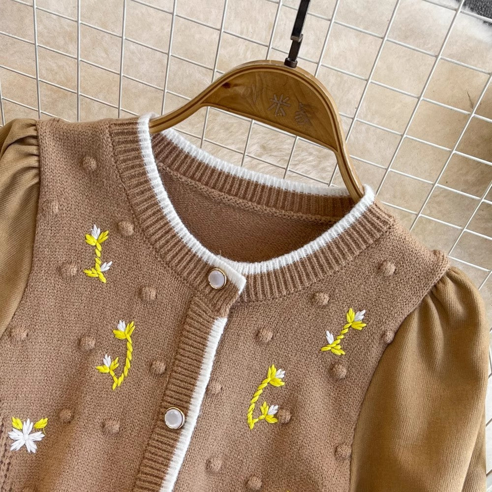 long-sleeved round neck embroidered knitted round neck mid-length a-line dress for women     S4339