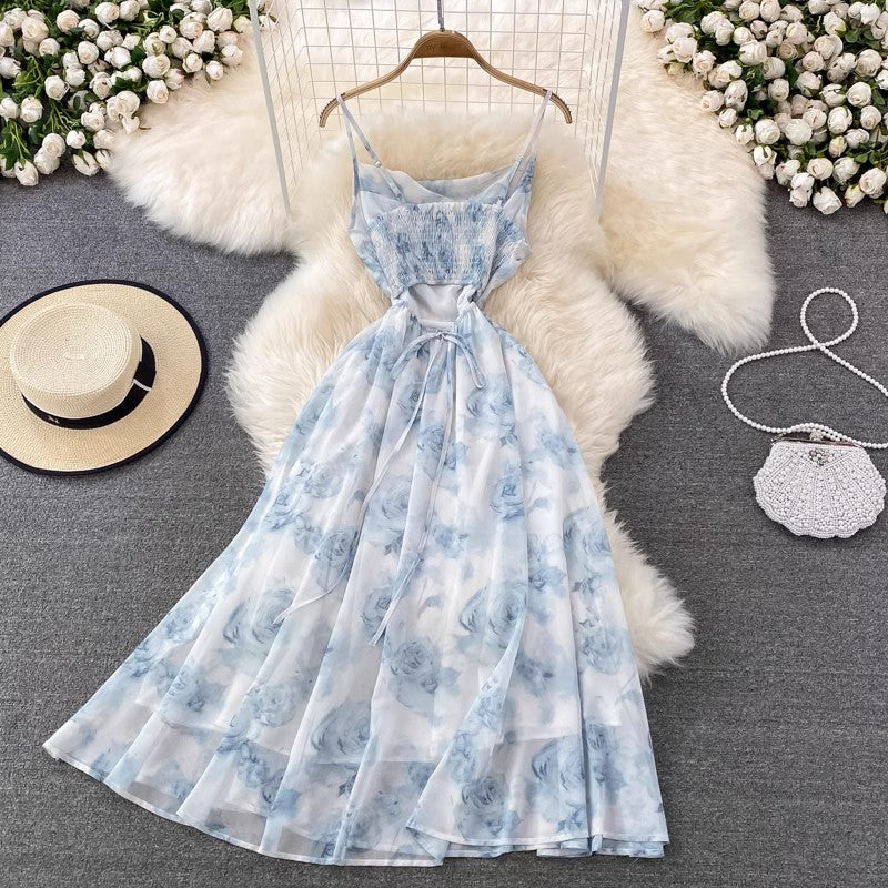 floral suspender skirt long skirt chiffon dress     S4134
