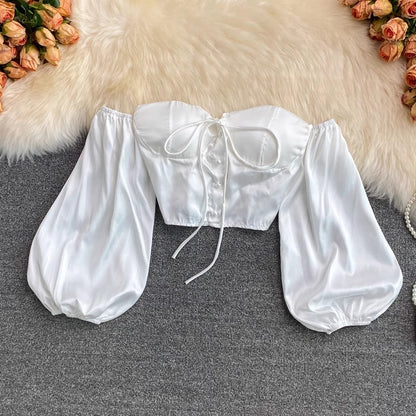 Sexy off-shoulder tube top, puff-sleeved short chic top    S3967
