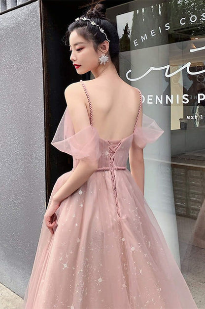 Straps A-line Blush Pink Tulle Long Party Dress        S3269