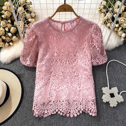 Bubble Short-Sleeved Round Neck Women__ Lace Top       S3991