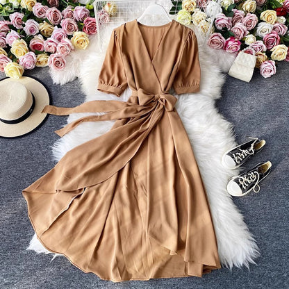 knee-length skirt V-neck dress        S4202