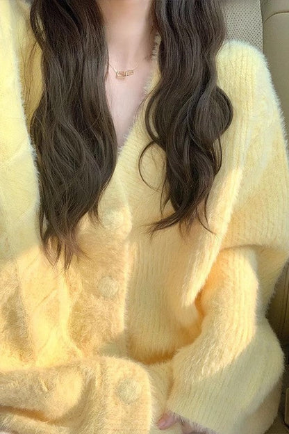 Yellow V-neck knitted cardigan women's sweater jacket tops      S3401
