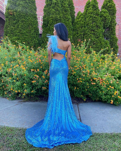Cute Mermaid One Shoulder Royal Blue Sequins Prom Dresses with Slit          S3652