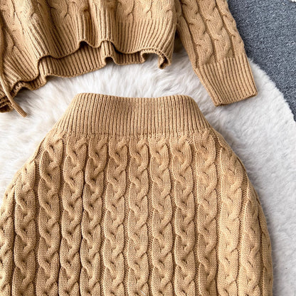 sweater suit for women casual top, mid-length skirt, knitted two-piece skirt     S4629