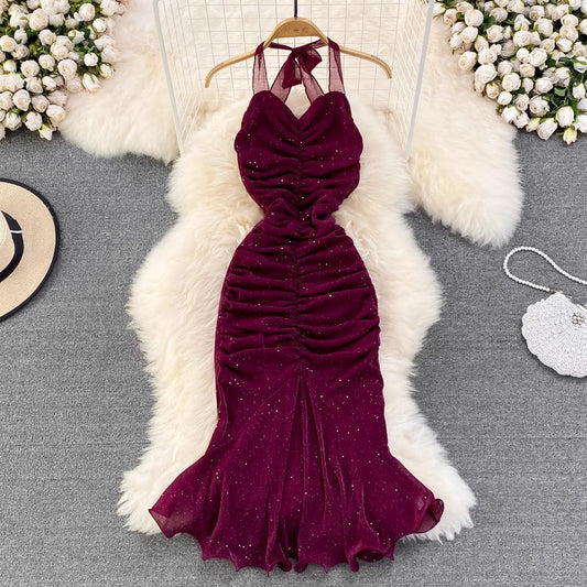 Banquet evening dress,sequined halter neck dress     S3968