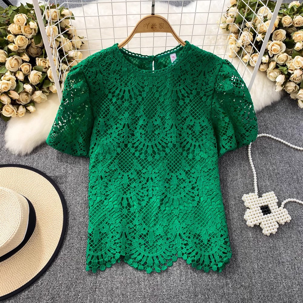 Bubble Short-Sleeved Round Neck Women__ Lace Top       S3991