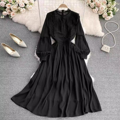 lace lantern sleeve chiffon A-line dress elegant long skirt      S4309