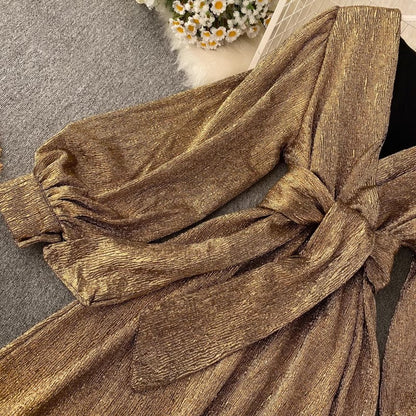 new V-neck lantern sleeves gold shiny dress for women      S4582
