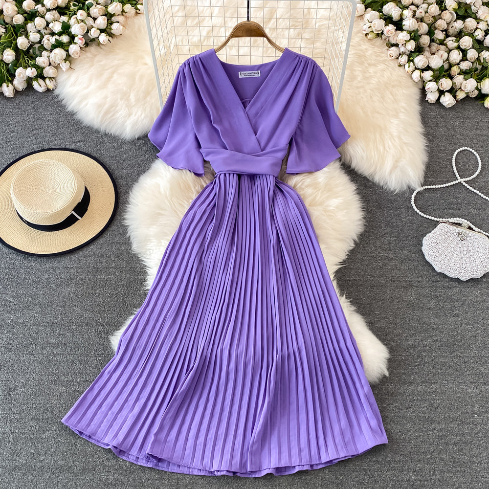 V-neck Short-sleeved Dress Over The Knee Lace-up Pleated Long Dress      S4465
